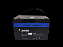 Load image into Gallery viewer, Uniross 12.8V 100Ah, 1.28kWh Lithium Phosphate battery, LiFePO4, Charge @ 20A (Max 100A) Discharge @ 100A (Max 100A) IP56 Rated, UR-BAT-LiFePO4-12-100