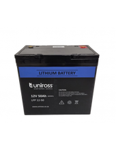Load image into Gallery viewer, Uniross 12.8V 50Ah 640Wh Lithium Phosphate Li-FePO4 battery, Charge @ 10A (Max 50A), Discharge @ 50A (Max 50A), IP56 Rated, UPS and Solar Batteries