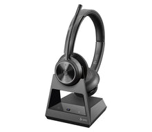 Load image into Gallery viewer, Poly Savi 7320 UC MS Stereo Wireless Headset with D400 USB Type-A DECT Adapter, USB Type-A to USB Type-C Adapter and Charging Stand 8L553AA
