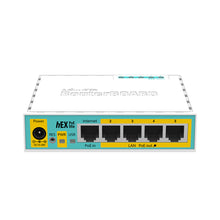 Load image into Gallery viewer, MikroTik PoE Lite Desktop Router with 5× 10/100 LAN Ports (4 Ports with PoE out), USB, RouterOS L4, plastic case & PSU, 650MHz CPU, 64MB RAM, PoE-IN