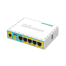 Load image into Gallery viewer, MikroTik PoE Lite Desktop Router with 5× 10/100 LAN Ports (4 Ports with PoE out), USB, RouterOS L4, plastic case & PSU, 650MHz CPU, 64MB RAM, PoE-IN