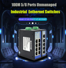 Load image into Gallery viewer, UOTEK Industrial Grade 100M 5 8 Ports Network Unmanaged Ethernet Switch Full Half Duplex DIN-rail -40℃ to 85℃ UT-60-DSA5T DSA8T