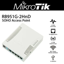 Load image into Gallery viewer, Mikrotik network router RB951G-2HnD 2.4Ghz AP, 5xGigabit Ethernet, USB, 600MHz CPU, 128MB RAM Wireless SOHO Gigabit Access Point