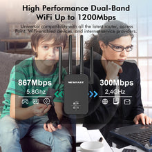Load image into Gallery viewer, Newfast 1200Mbps WiFi Repeater 2.4G&5G Home Wireless Extender OLED Display 4*3dBi Antennas Signal Range Amplifier Router/AP