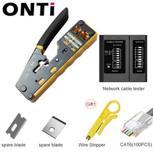 Load image into Gallery viewer, ONTi RJ45 Cat7/6/6A/5E Connector and RJ45 Crimp Tool Pass Through Crimper for 8P8C with Replacement Blade Cable Stripper Network Tool