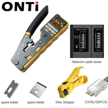 Load image into Gallery viewer, ONTi RJ45 Cat7/6/6A/5E Connector and RJ45 Crimp Tool Pass Through Crimper for 8P8C with Replacement Blade Cable Stripper Network Tool