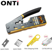 Load image into Gallery viewer, ONTi RJ45 Cat7/6/6A/5E Connector and RJ45 Crimp Tool Pass Through Crimper for 8P8C with Replacement Blade Cable Stripper Network Tool
