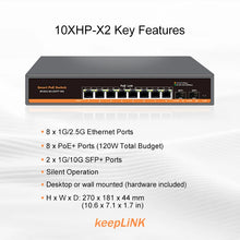 Load image into Gallery viewer, KeepLiNK 10-port Multi-gigabit unmanaged Ethernet switch with 8 x IEEE 802.3af/at PoE+ Ports and 2 x 10Gb SFP+ Uplink 10XHP-X2