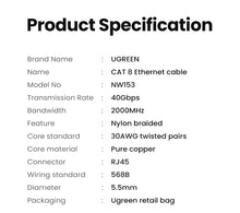 Load image into Gallery viewer, UGREEN CAT8 Ethernet Cable High Speed Braided 40Gbps 2000Mhz Network LAN Cord RJ45 Shielded for Router PC PS5 Modem Xbox