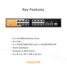 Load image into Gallery viewer, keepLink 19-Port Ethernet Switch with 19-PoE 10/100M and 2-100/1000M Gigabit and 1-SFP for Uplink Unmanaged Switch