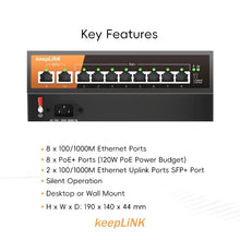 Load image into Gallery viewer, KeepLiNK 10-Port Gigabit Switch with 8-PoE and 2-RJ45 for Uplink Unmanaged Plug and Play