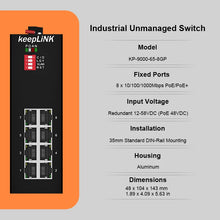 Load image into Gallery viewer, KeepLink Industrial 8x 10/100/1000BaseT(X) (RJ45 connector) Port Gigabit Unmanaged PoE Switch Plug and Play IP40 KP-9000-65-8GP
