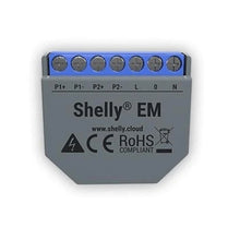 Load image into Gallery viewer, Shelly EM (Electricity Monitor) Relay With One 50A Clamp, Up to 50 m outdoors, Up to 30 m indoors, Dimensions (HxWxL) 39 x 36 x 17 mm