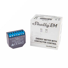Load image into Gallery viewer, Shelly EM (Electricity Monitor) Relay With One 50A Clamp, Up to 50 m outdoors, Up to 30 m indoors, Dimensions (HxWxL) 39 x 36 x 17 mm