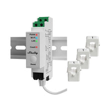 Load image into Gallery viewer, Shelly Pro 3EM (3Phase Electricity Monitor) Relay With Three 120A Clamps, WiFi-operated DIN-mountable 3-Phase Energy Meter with Wi-Fi, Bluetooth & LAN