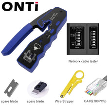 Load image into Gallery viewer, ONTi RJ45 Pass Through Crimper Tool and Rj45 Connector, Ethernet Crimper Crimping Tool Wire Stripper Cutter for Cat6a Cat5