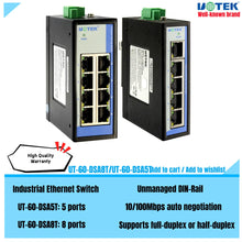Load image into Gallery viewer, UOTEK Industrial Grade 100M 5 8 Ports Network Unmanaged Ethernet Switch Full Half Duplex DIN-rail -40℃ to 85℃ UT-60-DSA5T DSA8T