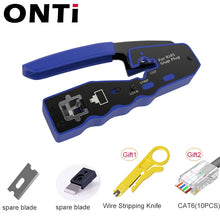 Load image into Gallery viewer, ONTi RJ45 Pass Through Crimper Tool and Rj45 Connector, Ethernet Crimper Crimping Tool Wire Stripper Cutter for Cat6a Cat5