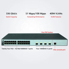 Load image into Gallery viewer, Huawei 24Port Managed PoE Enterprise Gigabit Switch S5720-28P-PWR-LI-AC
24*10/100/1000 Ethernet, 4 Gig SFP, PoE+, 370W POE AC Power