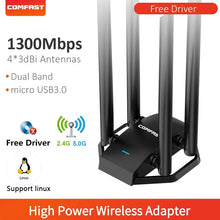 Load image into Gallery viewer, 1300M Wifi Adapter MT7612 USB3.0 WI FI Network Cord Dongle 2.4G 5Ghz Daul Band Wirewless Antenna Receiver For PC Win10/11 Linux