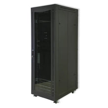 Load image into Gallery viewer, RCT 25U CP server/networking cabinet with 4x uprights, 4x feet included Glands + Screws; 600 × 1000 Perforater Door; Black, Server Cabinet