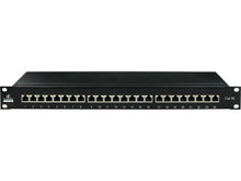 Load image into Gallery viewer, Linkbasic 24 Port Cat5e Shielded Rack Mount Patch Panel, manufactured from black electrostatic powder-coated steel for enhanced corrosion resistance