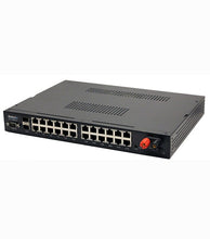 Load image into Gallery viewer, Netonix 24 Port Managed 400W Passive DC POE Switch + 2 SFP Uplink Ports, featuring Smart DC power supply 32V to 72V DC variable input, 24V and 48V POE