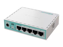 Load image into Gallery viewer, MikroTik hEX 5 Port Gigabit Desktop Router with Dual Core 950MHz CPU, 512MB RAM, 5 x Gigabit LAN ports, USB, RouterOS v7 L4, plastic case, PSU, E50UG