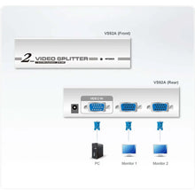 Load image into Gallery viewer, Aten AT-VS92AUK 2-Port VGA Splitter (350MHz) - Silver - 1920 x 1440 pixels - 65m Distance, 0.85 W, Dimensions (WxDxH) 130mm x 75mm x 45mm, Weight 420g