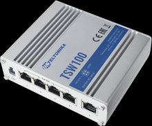 Load image into Gallery viewer, Teltonika 5-port Unmanaged Industrial Gigabit PoE Switch, 120 watts, 60watt PSU Included, 7-58V DC In, 4 ports PoE/1 uplink, DIN-Rail Mountable