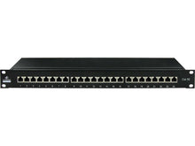 Load image into Gallery viewer, Linkbasic 24 Port Cat5e Shielded Rack Mount Patch Panel, manufactured from black electrostatic powder-coated steel for enhanced corrosion resistance