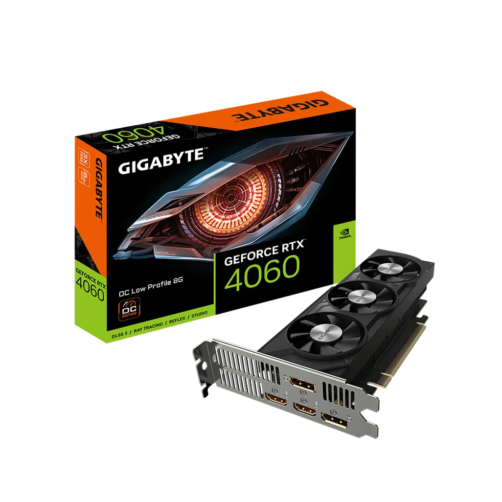 GIGABYTE Graphics nVidia GeForce RTX 4060 OC Low Profile - 8G GDDR6 HDMIx2/DP x2, Active cooling, Number of fans: 3 fan(s)