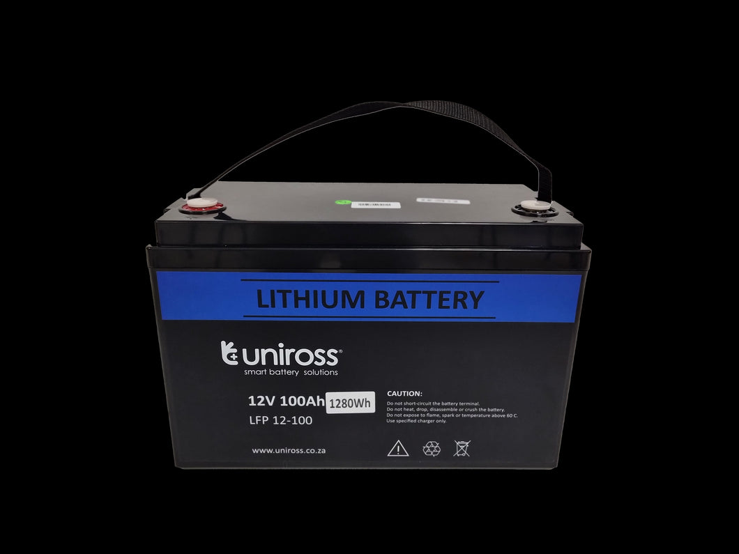 Uniross 12.8V 100Ah, 1.28kWh Lithium Phosphate battery, LiFePO4, Charge @ 20A (Max 100A) Discharge @ 100A (Max 100A) IP56 Rated, UR-BAT-LiFePO4-12-100