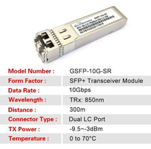 Load image into Gallery viewer, 10G SR SFP+ Module Multimode Duplex LC 850nm 300m SFP Fiber Transceiver SFP-10G-SR Compatible with MikroTik, Ubiquiti, Dell
