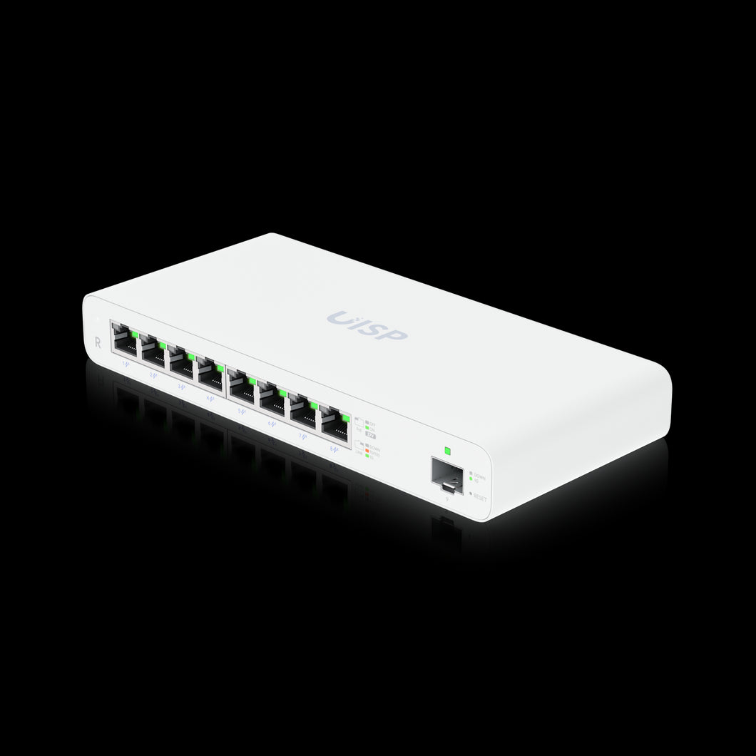 Ubiquiti UISP - Router, PoE router for MicroPoP, 8x GbE Passive 27V POE, 1x SFP, 110W POE, Fanless, Wallmount, Bluetooth Setup, UB-UISP-R