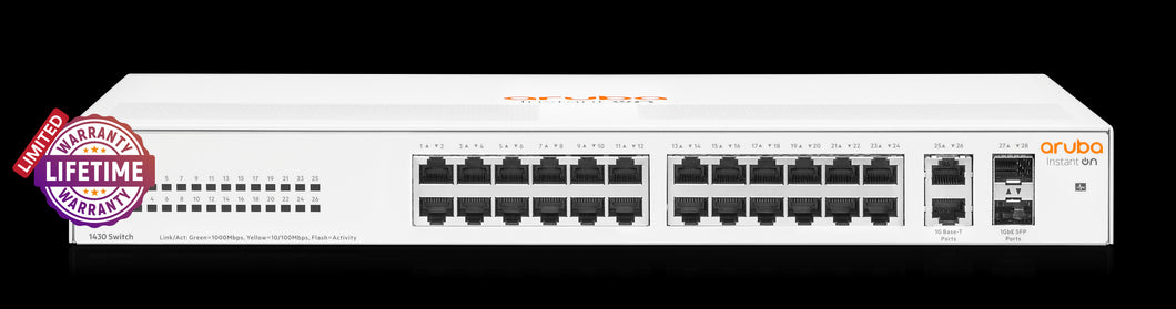 HPE Networking Instant On 1430 26 port GbE switch, Unmanaged Layer 2 Gigabit Ethernet Switch, 26x Gigabit ports, 2x Gigabit SFP ports | SW143026G
