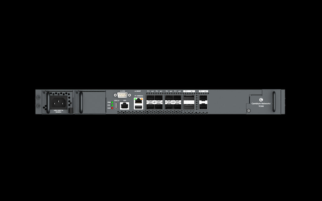 Cambium 8-Port GPon/XGS-Pon OLT, features Combo PON support, dual 100 GbE / 40 GbE QSFP28 and dual 25 GbE /10 GbE SFP+ uplink ports, PSU not included