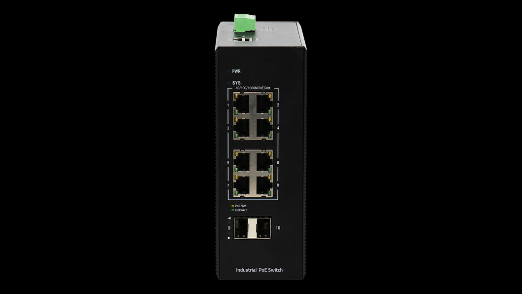 Bdcom 8 Port Gigabit Industrial PoE+ Managed Switch, 2x SFP, 240W PoE Budget, DIN-rail, 48-55VDC Input (Dual Redundant), IP40, 6kV Lighting Protection