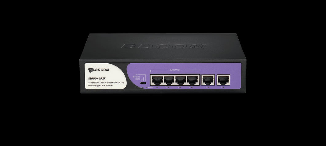 Bdcom 4-Port 100M Unmanaged PoE Switch (4-Port PoE + 2-Port 100Mbps RJ45) 60W PoE Budget, Built-in AC power supply, DIP Function, Desk-top enclosure