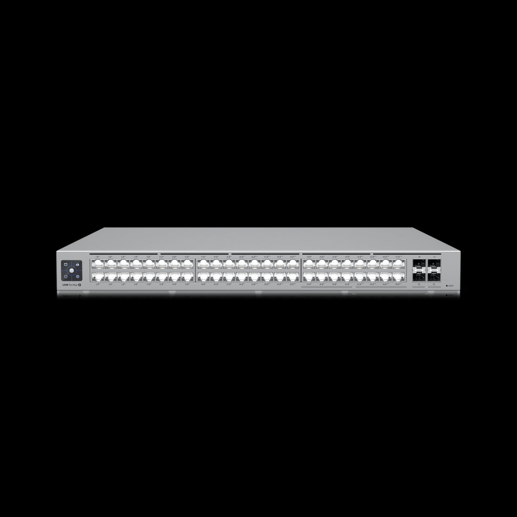 Ubiquiti UniFi - Pro Max, 48 Port with 720W PoE, Etherlighting ports that illuminate to indicate port location, speed/link, and native VLAN/network