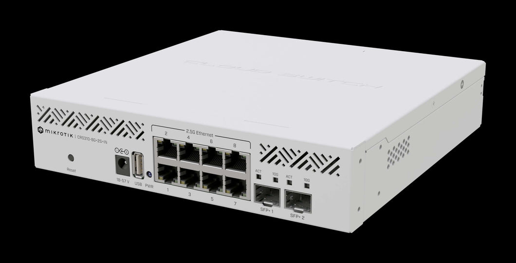 MikroTik CRS310-8G+2S+IN 8 Port 2.5GbE Cloud Router Switch with SFP+, Featuring RouterOS L5, 8 2.5G Ethernet, 2× 10G SFP+, 256MB RAM, 32MB Storage