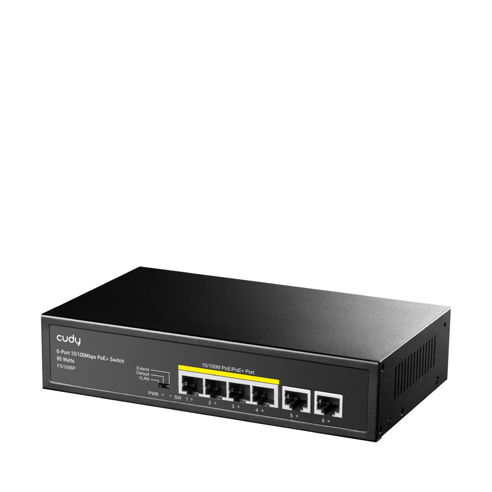 Cudy 6 Port Fast Ethernet 4 Port PoE 60W Switch, 4× FE with 802.3at/af Mode A PoE, 2× Uplink FE, 65W Power Supply, Default/VLAN/Extend Modes | FS1006P