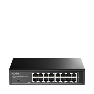 Cudy 16 Port Gigabit Rackmount Switch, 16× 10/100/1000 Gigabit Ethernet Ports, Default/VLAN/Extend Modes, Desktop, Rack-Mount, IEC Power Cord | GS1016