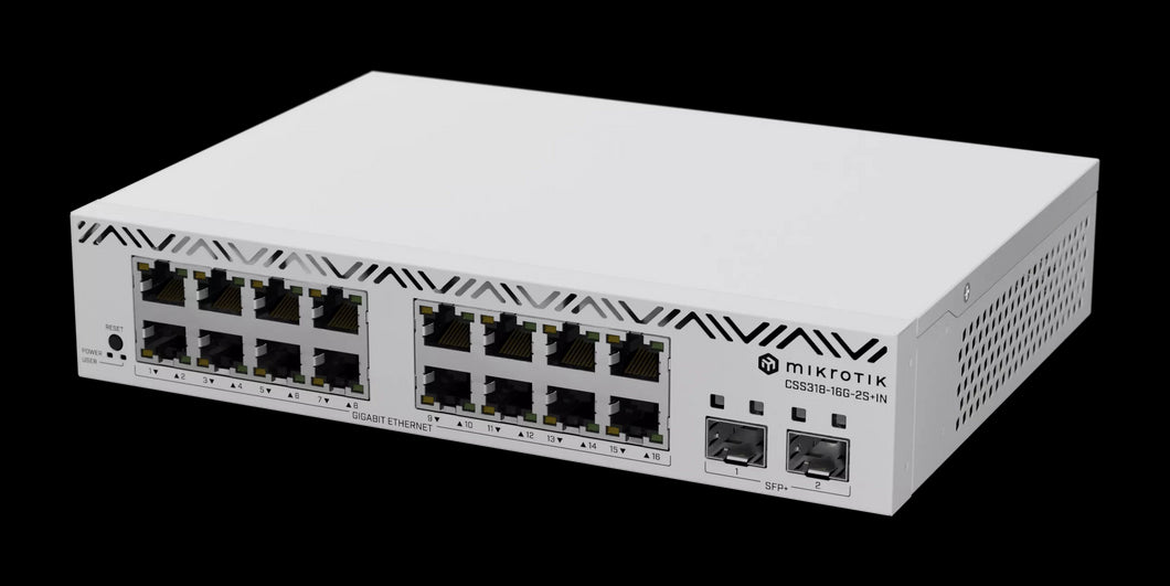 MikroTik Cloud Smart Router Switch with 16x 1G Ethernet ports, 2x SFP+ ports for 10G fiber connectivity, PSU, Rack Mount, SwOS - CSS318-16G-2S+IN
