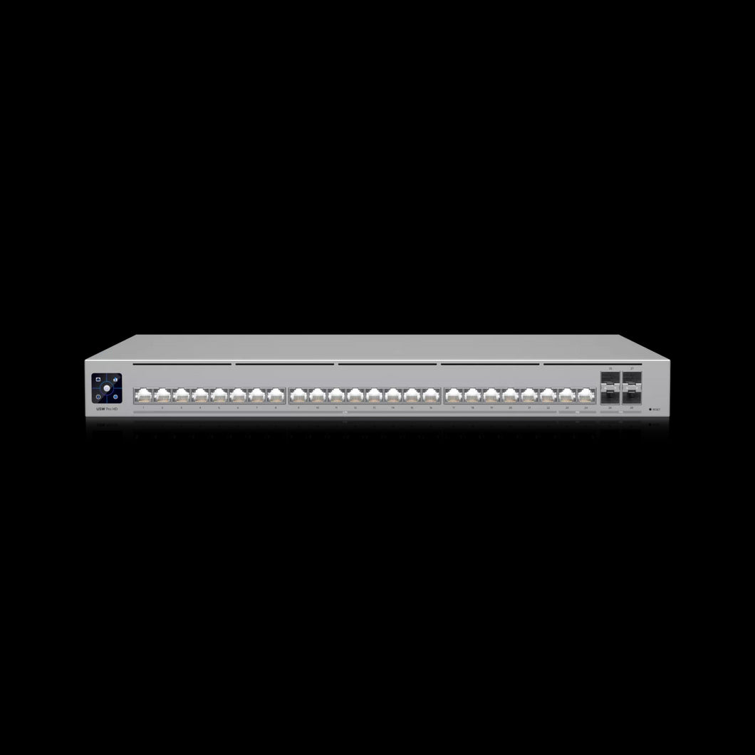 Ubiquiti UniFi Pro HD 24 Port Switch, features 1. 3-inch touch LCM, 22 x 2.5Gbps, 4 x 10G SFP+, 2 x 10Gbps, Etherlighting Switch - USW-Pro-HD-24