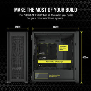 Corsair 7000D Airflow Tempered Glass Full Tower PC CASE Black, 6x3.5''; 4x2.5'', Upto 420mm Liquid Cooler, ATX, Width 248mm, Depth 550mm, Height 600mm