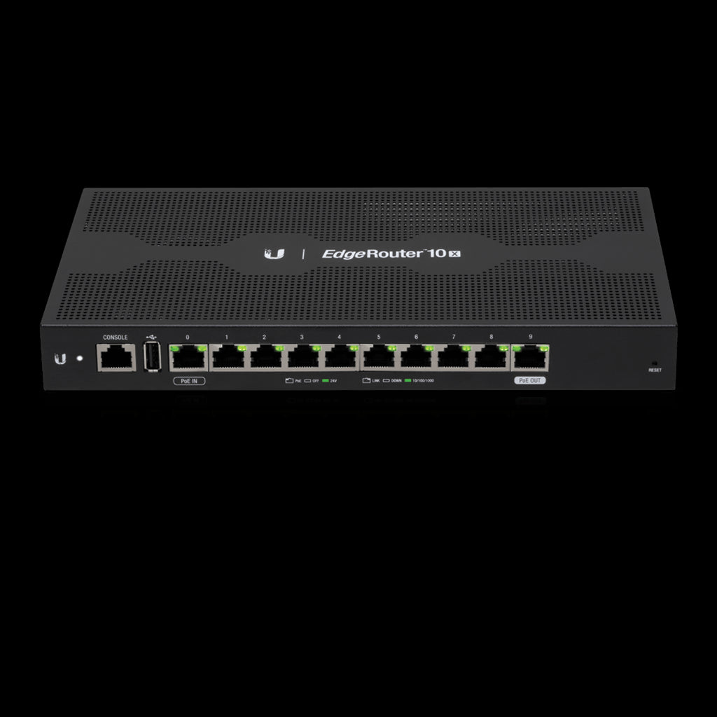 Ubiquiti UISP EdgeRouter 10X, 10 Port Router, PoE Powered, PoE Output on Port 10 only, 10 Gigabit RJ45 routing ports, Silent, fanless operation, L2