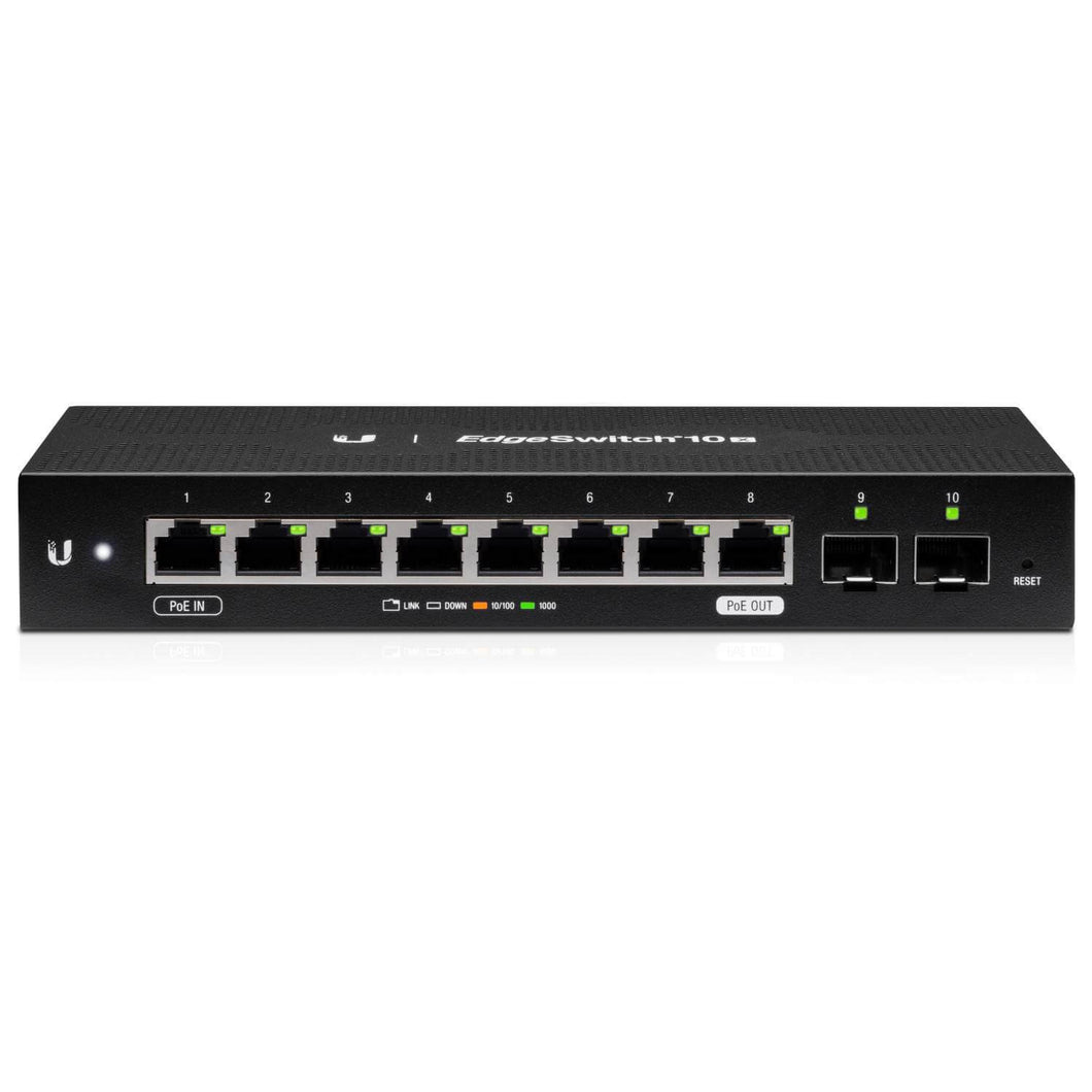 Ubiquiti UISP - Edgeswitch - 10X, 8 x Gigabit RJ45 Ports, AC/DC/24V PoE in, 1 x PoE out, 2 x SFP, Powered by 24V Passive PoE or External AC/DC Adapter
