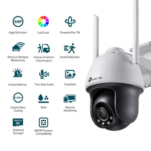 TP-Link VIGI 4MP Full-Color Wi-Fi Pan/Tilt Network Camera, IR/White Light, 12V DC, 4 mm Fixed Lens, Built-In Microphone, Speaker, micro-SD Slot, IP66