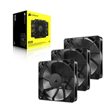 Load image into Gallery viewer, CORSAIR RS120 120mm PWM Fans Triple Pack, 2100 RPM, Noise level (low speed): 10 dB, Noise level (high speed): 36 dB, Maximum airflow: 72.8 cfm
